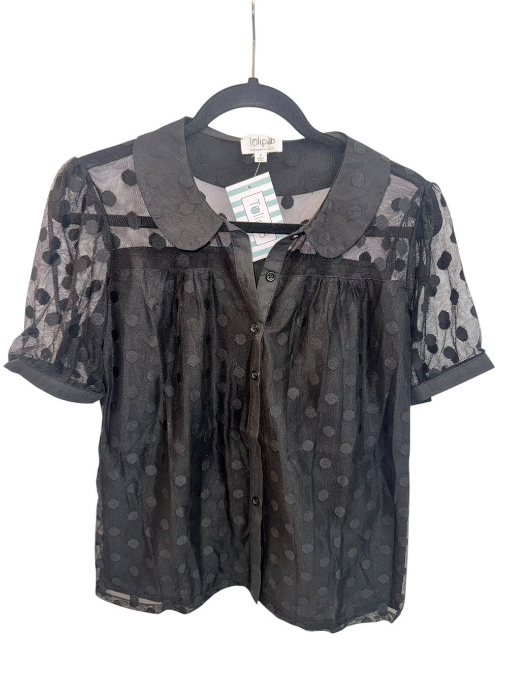 Tulip B Black Sheer Polka Dot Button-Down Blouse NWT